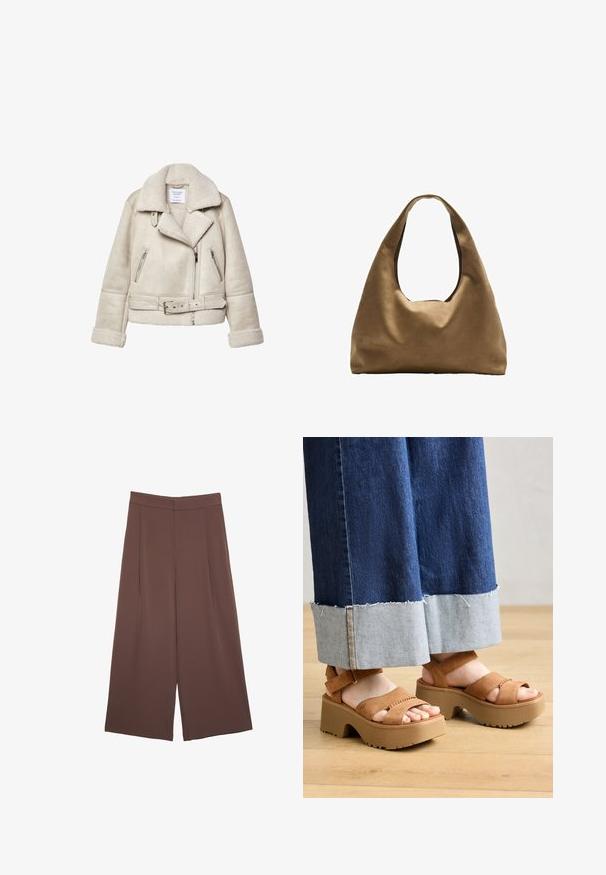 Kremowa kurtka z owczej wełny z szerokim kołnierzem, zamykanymi kieszeniami i paskiem w talii. Posiada strukturalny materiał i miękką podszewkę.; Ciemnobrązowy sweter dzianinowy z okrągłym dekoltem, opuszczonymi ramionami, ściągaczami przy mankietach i u dołu, o miękkiej teksturze i luźnym kroju.; Brązowe spodnie o szerokich nogawkach z gładką fakturą, z wysokim stanem i plisami z przodu. Materiał jest lekki i luźno opada.; Brązowe zamszowe sandały na platformie z podwójnymi paskami, posiadające teksturowaną podeszwę oraz grubą, modelowaną podeszwę. Noszone z dżinsowymi spodniami.; Brązowa torba na ramię z szerokim, zaokrąglonym kształtem i dużym wyciętym uchwytem. Miękka tekstura, minimalistyczny design i brak widocznych elementów metalowych.
