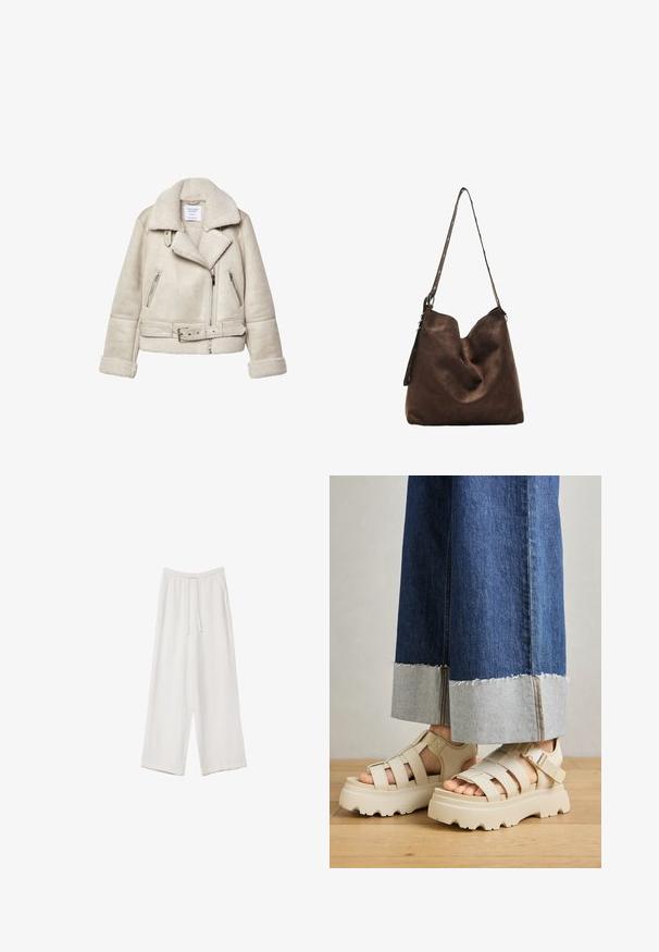 Kremowa kurtka z owczej wełny z szerokim kołnierzem, zamykanymi kieszeniami i paskiem w talii. Posiada strukturalny materiał i miękką podszewkę.; Beżowy, długi rękaw, krótki sweter z prążkowanym dekoltem, mankietami i dolnym wykończeniem, leżący płasko na białym tle.; Białe spodnie o szerokich nogawkach wykonane z lekkiego materiału. Posiadają elastyczny pas z sznurkiem i boczne kieszenie. Gładka tekstura.; Beżowe sandały na platformie z grubymi podeszwami mają paskowy fason i regulowane paski na kostce. Noszone z szerokimi dżinsowymi spodniami, jeden z mankietów jest postrzępiony.; Brązowa zamszowa torba hobo z zaokrąglonym przodem, długim paskiem z akcentami w postaci kropek oraz miękką fakturą. Charakteryzuje się luźnym designem, idealnym do codziennego użytku.