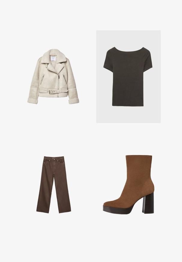 Kremowa kurtka z owczej wełny z szerokim kołnierzem, zamykanymi kieszeniami i paskiem w talii. Posiada strukturalny materiał i miękką podszewkę.; Czarna szara bluzka z krótkim rękawem i dekoltem w kształcie łódki. Wykonana z prążkowanej tkaniny, ma luźny krój i czyste wykończenie. Prosty design, bez wzorów.; Szerokie brązowe dżinsy wykonane z denimu, z wysokim stanem, przednimi kieszeniami i klasycznym zapięciem na guzik. Gładka faktura z subtelnym przeszyciem.; Brązowe zamszowe botki sięgające kostki z zaokrąglonym noskiem, masywnym czarnym paskiem na obcasie i gładką powierzchnią. Charakteryzują się dopasowanym krojem bez widocznych elementów metalowych.