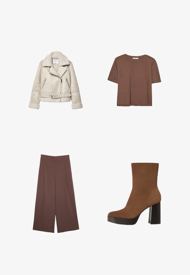 Kermanvärinen lammasvillatakki, jossa on leveä kaulus, vetoketjulliset taskut ja vyöllinen vyötärö. Omistaa tekstuurin kanssa kangasta ja pehmeän vuorin.; Kahvinsävyinen lyhythihainen t-paita, joka on valmistettu pehmeästä kankaasta. Pyöreä pääntie ja rento malli. Ei näkyviä kuvioita tai koristeita.; Ruskeat leveälahkeiset housut, joissa on sileä pinta, korkea vyötärö ja etupleat. Kangas on kevyttä ja laskeutuu väljänä.; Ruskea nahkasaapas nilkkapituudelta, jossa on pyöreä kärki, paksu mustasuuntainen korko ja sileä pinta. Omistaa istuvan muotoilun ilman näkyvää kiinnitystä.