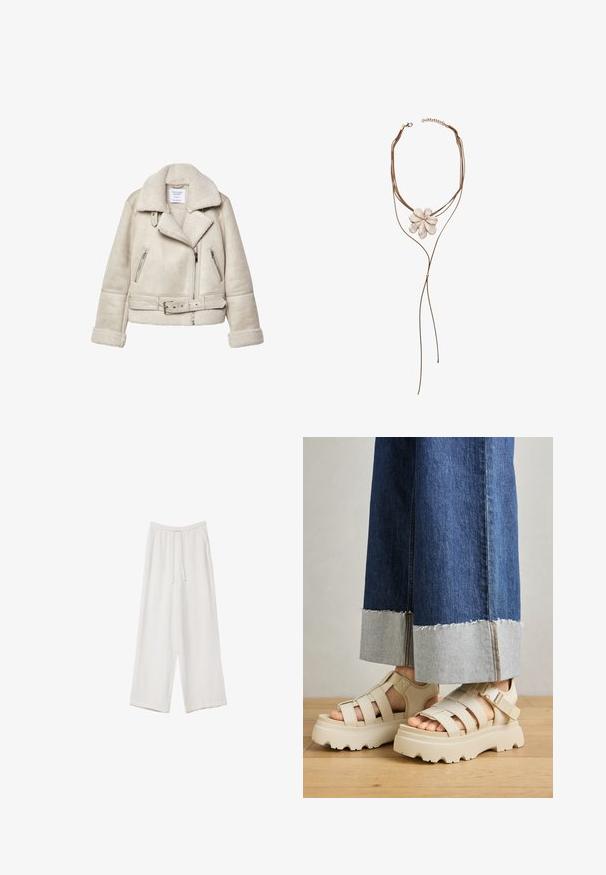 Krem žakets s ovim širokim ovratnikom, zatvaračima na džepovima i pojasom u struku. Karakterizira ga strukturalna tkanina i mekana podstava.; Bijela majica kratkih rukava od pamuka. Ima okrugli izrez i opušteni kroj. Glatka tekstura bez vidljivih uzoraka ili naglasaka.; Bijele hlače širokih nogavica napravljene od lagane tkanine. Imaju elastičan pojas s ušicom i bočne džepove. Glatka tekstura.; Bež platforme sandale s debelim potplatima imaju dizajn s trakama i podesivim remenima oko gležnja. Nanesene su uz široke traperice, a jedna nogavica je pohabana.; Stradivarius FLORAL - Ogrlica - beige