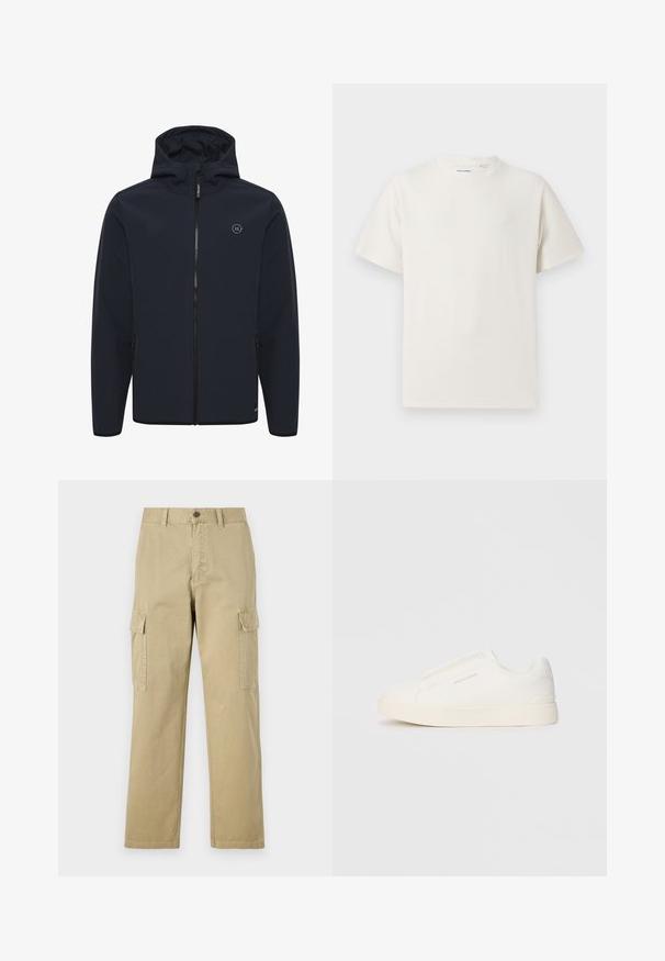 Marineblå hettegenser laget av mykt, vannavvisende materiale. Har en sentral glidelås, sidelommer og en liten logo på brystet.; Hvit T-skjorte med kort erm i ribbestrikket tekstur. Rund hals, avslappet passform, ingen synlige mønstre eller detaljer. Enkelt og allsidig design.; Beige cargo bukser laget av bomull, med to sidelommer, knappelukking, og rette ben med et lett strukturert stoff.; Hvite slip-on joggesko med teksturert overflate, tykk såle og minimalistisk design. Har merkevarelogo på siden.