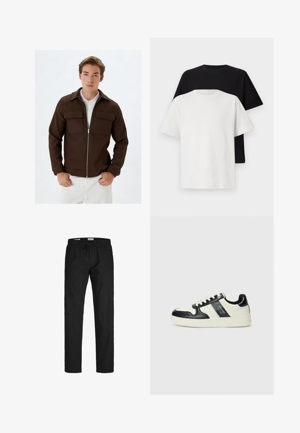 Brown ribbed jacket with a zip front, two chest pockets, and a collar. Paired with white pants, showcasing textured fabric and tailored fit.; Cotton t-shirt set featuring a black top and a white top, both with short sleeves, round neckline, and standard fit. Textured fabric.; Black pants with an elastic waistband, drawstring tie, straight cut, smooth texture, and no visible patterns or accents.; Leather sneakers with a black and cream color scheme, featuring perforated accents, a padded collar, and a textured outsole.