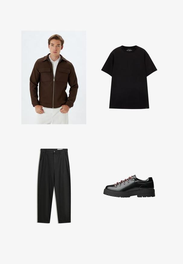 Bruine geribbelde jas met een ritssluiting aan de voorkant, twee borstzakken en een kraag. Gecombineerd met witte broeken, die een gestructureerde stof en een getailleerde pasvorm tonen.; PULL&BEAR JOIN LIFE - T-shirt basic - black; Zwarte katoenen broeken met een losse pasvorm, voorzien van een klassieke tailleband, voorplooien en zijzakken. Gladde structuur zonder patronen.; Zwarte leren wandelschoen met rode en witte veters, grote oogjes en een stevige, geribbelde zool voor grip en stabiliteit.