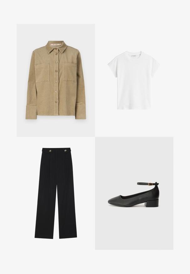 Beige corduroy shirt jacket with button front, two chest pockets, and a collar. Features a textured ribbed design and cuffed long sleeves.; White short-sleeve t-shirt made of cotton. Features a relaxed fit with a crew neckline and slightly dropped shoulder seams. No patterns or accents.; Black wide-leg trousers with high waist, button details on waistband, and front pleats.; Black leather pump with a pointed toe and a low block heel. Features an ankle strap with a gold-tone buckle. Smooth texture.