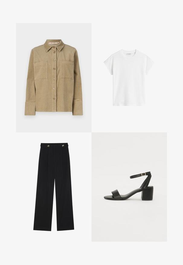 Béžová kordurová košile s bundou na zapínání na knoflíky, dvěma kapsami na prsou a límcem. Obsahuje texturovaný žebrovaný design a manžety na dlouhých rukávech.; Bílý krátký rukávový tričko vyrobené z bavlny. Má volný střih s kulatým výstřihem a mírně posunutými ramenními švy. Bez vzorů nebo akcentů.; Černé široké kalhoty s vysokým pasem, detailní knoflíky na pase a přední záhyby.; Černé sandály na vysokém podpatku s hladkým koženým svrškem, otevřenou špičkou, širokými předními pásky a nastavitelným páskem kolem kotníku se zlatou přezkou.