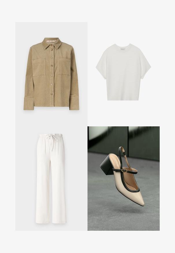 Beežist köndernahk-särk-jope nupuga ees, kaks rinna-taskut ja krae. Omab tekstureeritud ribakujundust ja ümberpööratud pikki varrukaid.; Valge lühikeste varrukatega T-särk laia ümaraha kaelusega ja tekstureeritud ribapatterniga, pehmest kangast, lõdva istuvuse ja puhta disainiga.; Valged laiad püksid, mis on valmistatud pehmest kangast, nööriga vöökohaga ja siledast tekstuurist. Muster ega kaunistused pole nähtavad.; Beesidega teravatoe slingback king, musta äär ja kuldne pandla, tummise plokk-kontsa peal hallil põrandal tumesinise tausta ees.