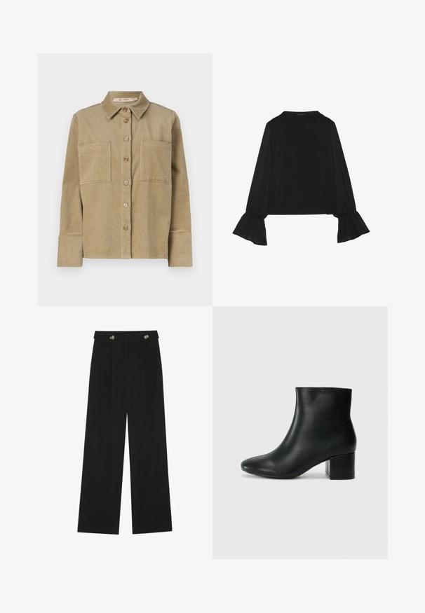 Bež jakna od kordura s dugmadi sprijeda, dva džepa na prsima i ovratnikom. Ima teksturirani rebrasti dizajn i dugmadi rukave.; Crna majica dugih rukava s proširenim manžetama, mekanim materijalom i opuštenim krojem, s jednostavnim okruglim izrezom.; Crne hlače širokih nogavica s visokim strukom, s dugmadi na pojasu i prednjim nabora.; Crne kožne čizme do članaka s uskim vrhom i debelim potplatom. Glatka tekstura s minimalnim detaljima i elegantan, prilagođen dizajn.