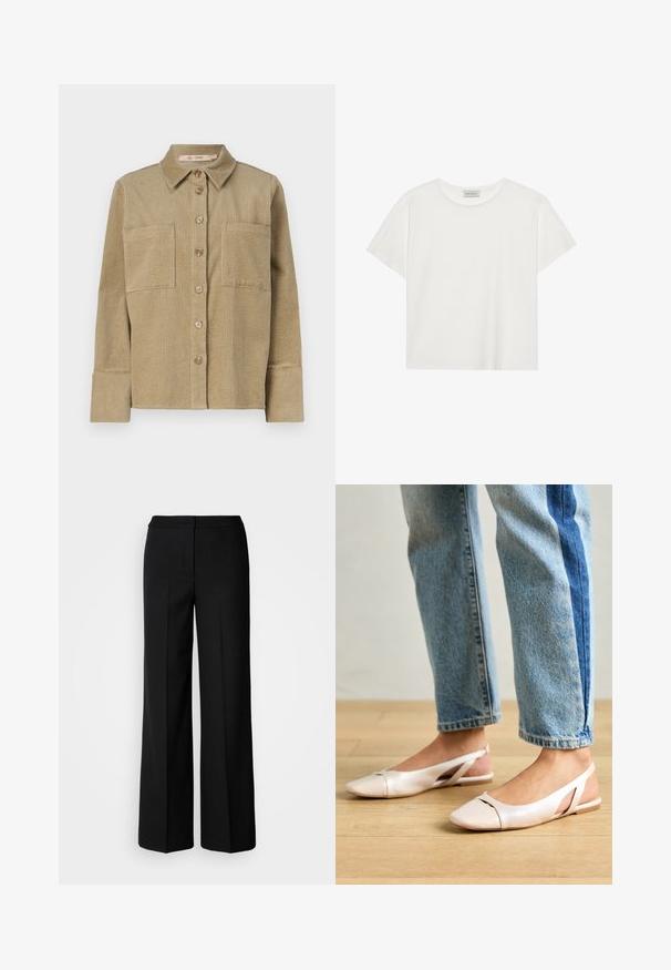 Beige corduroy shirt jacket with button front, two chest pockets, and a collar. Features a textured ribbed design and cuffed long sleeves.; White short-sleeve T-shirt made of soft cotton. Features a round neckline and relaxed fit. Clean design with no visible patterns or accents.; Black wide-leg trousers with a smooth fabric, featuring a high waist, tailored seams, and a minimalist design. No visible hardware or pockets.; Pale pink slingback flats with a pointed toe, made from a smooth leather-like material. Features cut-out details at the sides and a flat heel.