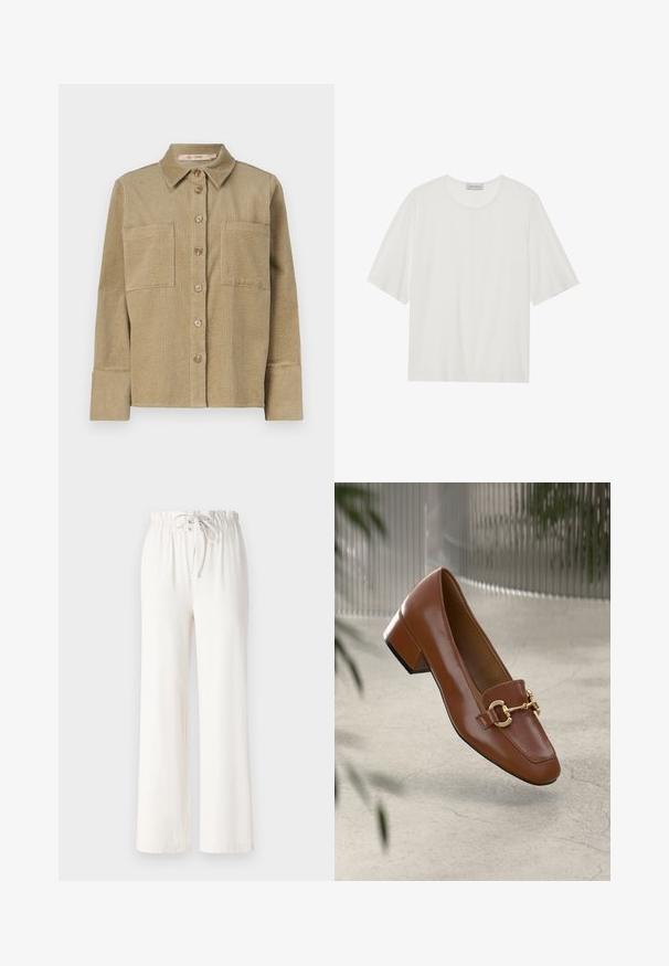 Bež jakna od kordura s dugmadi sprijeda, dva džepa na prsima i ovratnikom. Ima teksturirani rebrasti dizajn i dugmadi rukave.; Bijela majica kratkih rukava napravljena od mekog materijala. Ima zaobljen izrez i blago kutni kroj. Glatka tekstura, minimalni detalji.; Bijele hlače širokih nogavica napravljene od mekog materijala, s elastičnim pojasom i glatkom teksturom. Nema vidljivih uzoraka ili ukrasa.; Smeđi lakirani loafer s kvadratnim vrhom, metalnim lancem kao naglaskom i niskom blok petom; glatka tekstura, minimalistički dizajn.