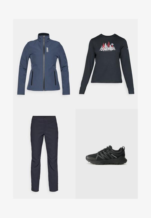 Marineblå softshell-jakke med høy krage, frontglidelås og to sidelommer med glidelås. Har "COLMAR"-logoen på øvre venstre side.; Langermet mørkegrå skjorte med grafikk av røde trær og fjell; "COLUMBIA" logo i fet hvit tekst. Mykt stoff, standard rund hals.; Marineblå bukser laget av glatt stoff, med frontknappelukking, slim-fit design og pressede detaljer ved knærne.; Columbia PEAKFREAK - Fjellsko - black