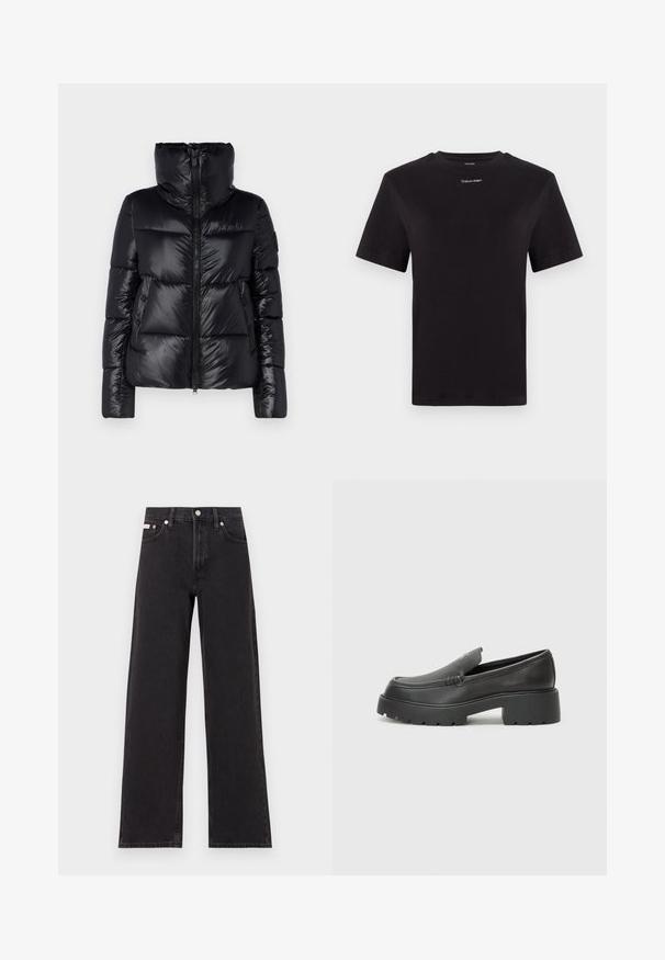 Save the duck ISLA - Winter jacket - black; Black cotton t-shirt with short sleeves, crew neck, and small white "Calvin Klein" logo at the chest. Smooth texture, classic fit.; Black wide-leg jeans made of denim, featuring a high-rise waist, five-pocket styling, and a metal button closure with contrasting stitching.; Black leather loafers with a rounded toe, thick textured sole, and minimal stitching details. Sleek design with no visible laces or hardware.