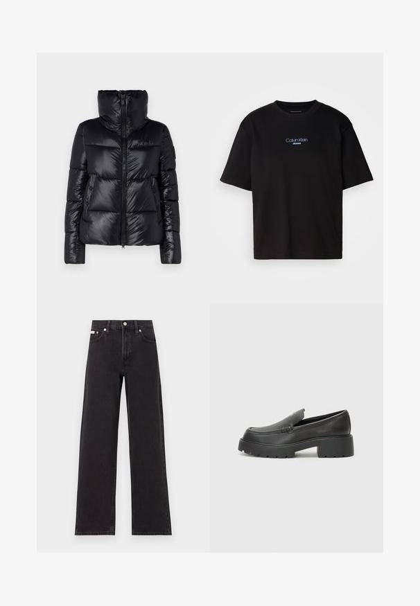 Save the duck ISLA - Vinterjakker - black; Sort bomulds t-shirt med rund hals, korte ærmer og blåt broderet "Calvin Klein JEANS" logo på fronten.; Sorte vidde jeans lavet af denim, med høj talje, fem-lomme stil og en metalknap lukning med kontrasterende syninger.; Sorte læder loafers med rund tå, tyk tekstureret sål og minimale syninger. Elegant design uden synlige snørebånd eller hardware.