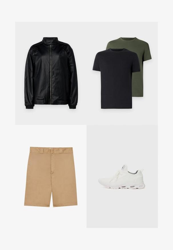 Fekete bomber dzseki selyemhez hasonló anyagból, magas gallérral, elől cipzárral, rugalmas mandzsettákkal és oldalsó zsebekkel.; Két crew neck póló fekete és olíva zöld színben, puha pamut anyagból. A design egyszerű, rövid ujjú és egyenes szabású.; Khaki rövidnadrág lapos derékkal, cipzáros elülső résszel és oldzsebekkel; sima, könnyű anyagból készült, amelynek finom textúrája van.; Fehér sportcipők, texturált kötött felsőrésszel, lapos fűzőkkel és párnázott talppal, amely látható légkamrákkal rendelkezik a megerősített kényelem érdekében.