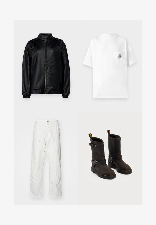 Crna bomber jakna od satenskog materijala, sa visokim ovratnikom, prednjim zatvaračem, elastičnim manžetama i bočnim džepovima.; Bijela pamučna majica s okruglim izrezom, kratkim rukavima i džepom na prsima s logotipom. Minimalistički dizajn i bezšavna tekstura.; Bijele pamučne cargo hlače s opuštenim krojem. Značajke uključuju prednje džepove, zlatne detalje i ojačane dijelove koljena.; Tamno smeđe kožne čizme srednje visine, sa žutim šavovima, podesivim kopčama i ručicama za povlačenje na vrhu. Teksturirana površina.