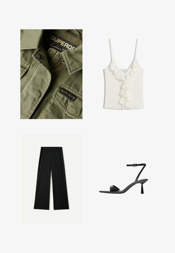 Olijf groene jas van textuurstof, voorzien van een ritsluiting en een patch met het "SUPERDRY" label. Heeft een kraag en knoopdetails.; Witte mouwloze top met een V-halslijn, voorzien van ruches langs het midden. Gemaakt van een zachte, gemêleerde stof.; Bershka WIDE - Broek - black; Bershka Sandalen met hoge hak - black