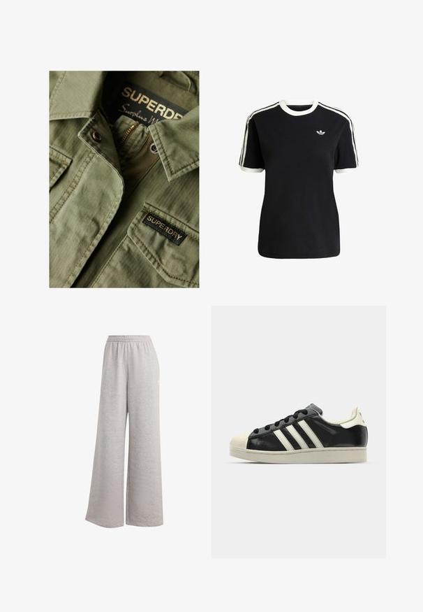Veste olive en tissu texturé, dotée d'une fermeture éclair et d'un patch avec une étiquette "SUPERDRY". Elle a un col et des détails en boutons.; T-shirt en coton noir avec des accents blancs sur le col et les manches, arborant trois rayures blanches sur chaque épaule et un petit logo sur la poitrine.; Pantalon de survêtement gris clair avec une coupe ample, une taille élastique et une texture douce. Présente un logo discret sur un côté. Design décontracté.; Baskets en cuir noir avec des rayures blanches, embout en caoutchouc, lacets noirs et semelle extérieure crème. Texture lisse avec une finition brillante.