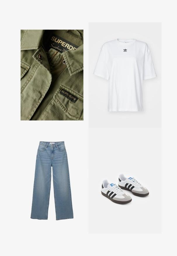 Olivengrøn jakke lavet af struktureret stof, med en lynlåslukning og et mærke med "SUPERDRY" label. Har krave og knapdetaljer.; Hvid kortærmet t-shirt lavet af bomuld. Har en rund halsudskæring og et lille sort Adidas-logo på brystet. Lige skåret kant.; Lys blå vidde jeans lavet af denim. Har høj talje, fem lommer og lige pasform med minimal fading.; Sportsko med en overdel i hvid læder, grå ruskind på tåen og tre sorte striber. Har et blåt logo på tungen og en struktureret gummisål.