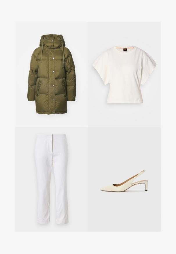 Olive green padded puffer jacket with a hood, snap button closure, and two front pockets. Soft, smooth texture with a quilted design.; White cropped T-shirt, short wide sleeves, soft cotton material, round neckline with subtle orange trim, minimal design, no patterns or graphics.; White cotton pants with a straight leg design, featuring a mid-rise waist and no visible hardware or patterns. Smooth texture throughout.; Pointed-toe slingback shoe in off-white leather, featuring a low heel and cut-out design with a smooth texture and minimal accents.