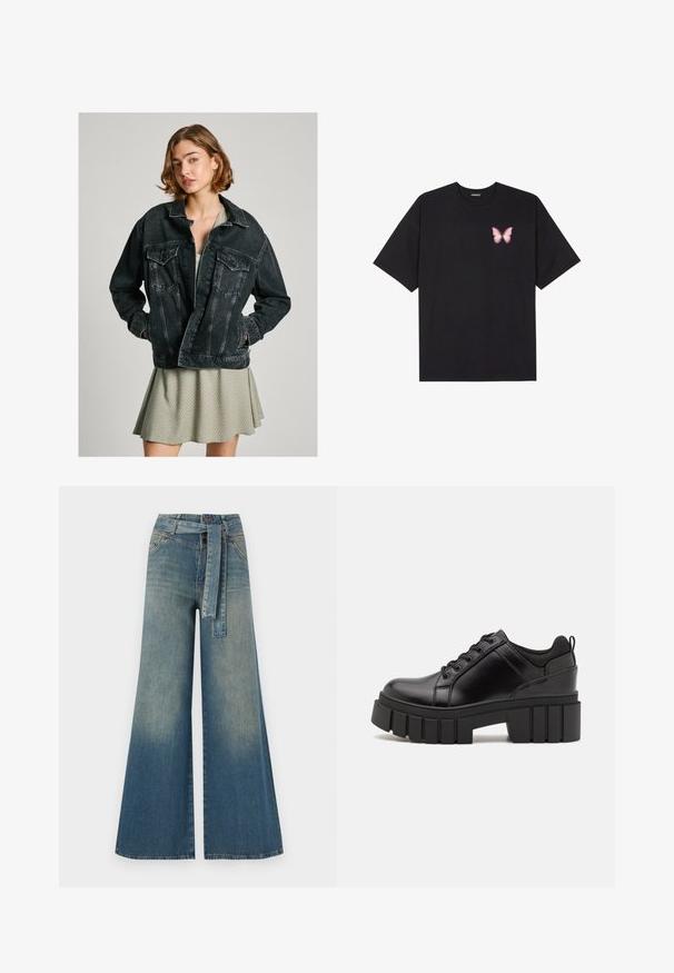 Črna denim jakna ohlapnega kroja z gumbnim zapiranjem, dvema žepoma na prsih in zbledelim videzom, prenesena čez svetlo zeleno vzorčasto obleko.; Črna bombažna majica s kratkimi rokavi, ki ima majhen roza metuljček na levi strani prsnega dela. Majica s krožnim ovratnikom in sproščenim krojem.; Široke jeans hlače z gradientom od svetlo do temno modre, visokim pasom, zankami za pas in pasom iz istega materiala. Tekstura denim končnica.; Črne usnjene platforme z debelim blokastim petam, okroglo konico in klasičnim vezanjem. Imajo gladko teksturo in minimalne podrobnosti.