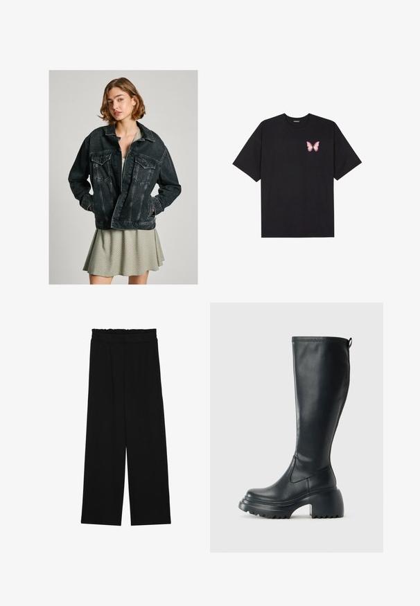 Črna denim jakna ohlapnega kroja z gumbnim zapiranjem, dvema žepoma na prsih in zbledelim videzom, prenesena čez svetlo zeleno vzorčasto obleko.; Črna bombažna majica s kratkimi rokavi, ki ima majhen roza metuljček na levi strani prsnega dela. Majica s krožnim ovratnikom in sproščenim krojem.; Črne široke hlače s nabranim pasom, ki imajo dva stranska žepa in so izdelane iz gladkega, lahkega blaga. Brez vidnih vzorcev ali kovinskega okova.; Visoka črna usnjena škornja s debelim podplatnim solejem in blok peto, opremljena s potegom in strukturiranim profilom na podplatu.