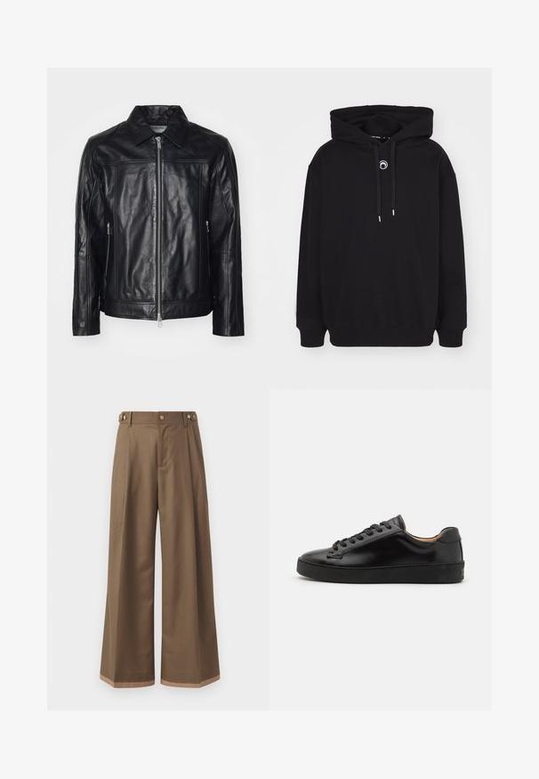 Iceberg GIUBBOTTO - Lederjacke - nero; Schwarzer Pullover mit Kapuze, ausgestattet mit einer vorderen Kordel, gerippten Bündchen und Saum sowie einem kleinen runden gestickten Detail auf der Brust.; Weite Beinkleider aus einem dunkelbraunen Stoff, mit zwei Seiten Taschen, zwei dekorativen vorderen Knöpfen und einem kontrastierenden Saumdetail.; Schwarze Ledersneaker mit einer glatten Oberfläche, runder Zehenpartie und schwarzen Schnürsenkeln. Verfügt über ein minimalistisches Branding an der Ferse und eine Gummisohle.