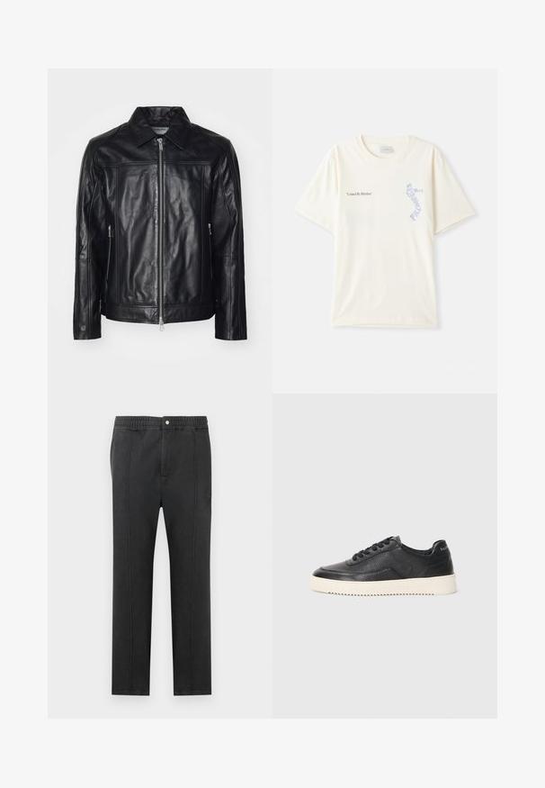 Iceberg GIUBBOTTO - Leather jacket - nero; White cotton t-shirt with short sleeves, featuring “United By Rhythm” text in black and blue graphic on the chest. Round neck design.; Black pants with an elastic waistband, flat front, two side pockets, and decorative stitching. No visible patterns or hardware details.; Black leather sneaker with textured finish, round toe, and flat white rubber sole. Features black laces and branding on the heel.