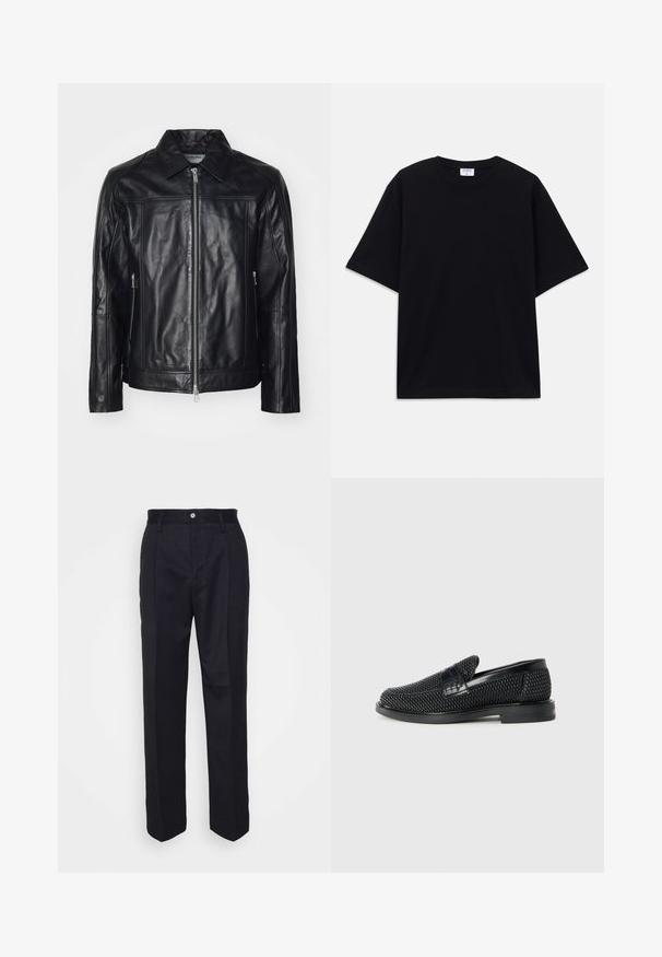 Iceberg GIUBBOTTO - Leren jas - nero; Zwarte oversized T-shirt met korte mouwen en ronde hals, met zichtbaar Filippa K merkelabel aan de binnenkant van de kraag.; Zwarte op maat gemaakte broek met een rechte pijpontwerp, gemaakt van gladde stof, met een sluiting met een frontknop en twee zakken aan de zijkant.; Zwartegeweven instap schoenen met een glad leren accent aan de bovenkant, een ronde neusontwerp en een laag profiel rubberen zool.