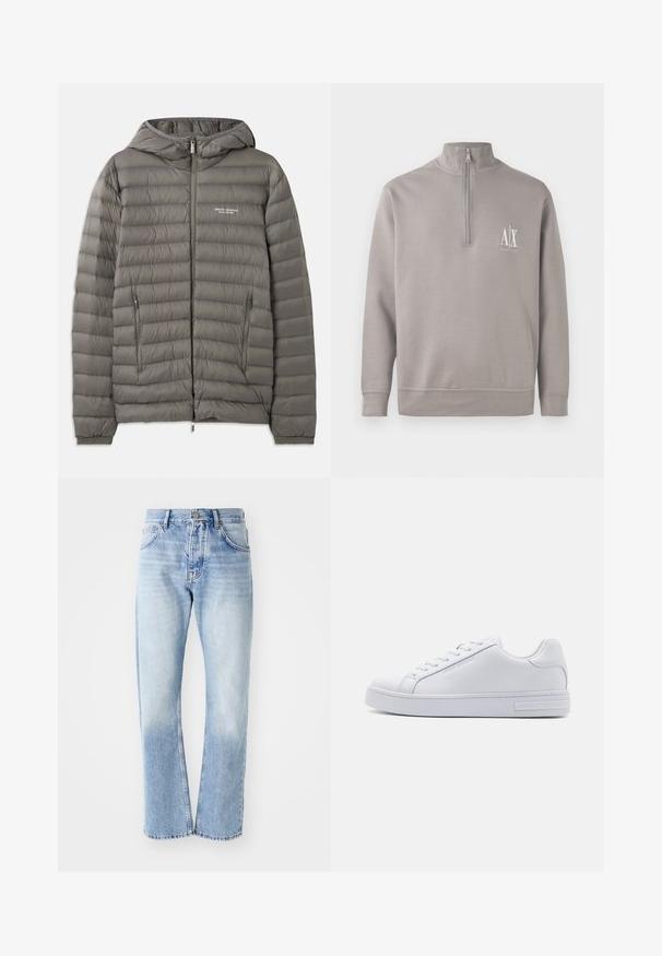 Grå pufferjakke med hætte, lavet af quiltet materiale. Har to lynlåslommer på siden og en lynlås foran.; Lysegrå kvart-zip trøje lavet af blødt materiale, med et lille hvidt logo på brystet samt elastiske manchetter og kant.; Lyseblå denim jeans med lige ben. Har en fem-lomme design, knaplukning og en falmet tekstur mod bunden.; Hvide lædersneakers med en glat overflade, rund tå, snørebånd foran og flad gummisål. Har prægede branding på hælen.