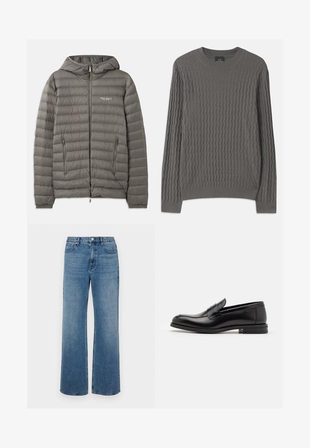 Hallava puffjakker, millel on kapuuts ja millel on tikandmaterjal. Omab kahte lukuga küljetaskut ja ees olevat luku sulgemist.; Armani Exchange Džemper - dark gull zig zag; Laiad sinised teksad, mis on valmistatud denimist ja millel on kulunud viimistlus. Omab viit taskut, ees nööpidega kinnitust ja sirget lõiget.; Mustad mustad nahast loafers sileda tekstuuriga, ümarat ninaosa ja dekoratiivne riba vampi üle. Madal kihiline konts, minimalistlik disain.