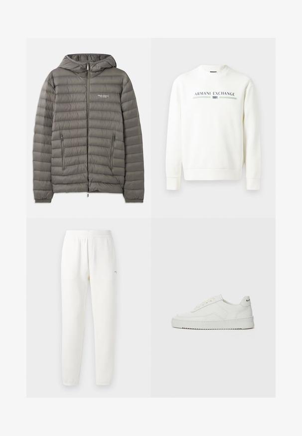 Szürke púderdzseki kapucnival, steppelt anyagból készült. Két cipzáras oldalzsebbel és elülső cipzáras záródással rendelkezik.; Fehér pulóver kerek nyakkivágással, hosszú ujjakkal és bordázott mandzsettákkal. Kék és zöld színű "Armani Exchange 1991" felirattal van díszítve.; Fehér, puha szövetből készült melegítőnadrág, elasztikus derékrésszel, szűkülő lábakkal és egy kis logóval a bal oldalon.; Fehér bőr sportcipő sima felülettel, kerek orral, lapos fűzőkkel és texturált talppal. Finom logó található a sarokon.