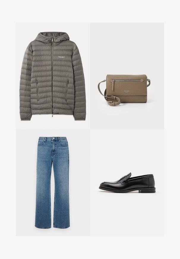 Sivá prešívaná bunda s kapucňou vyrobená z prešívaného materiálu. Obsahuje dva zipsové bočné vrecká a predný zipsový uzáver.; Biely dlhý rukáv košeľa s gombíkmi vyrobená z bavlny, s náprsného vrecka s tonálnou výšivkou, golierom a gombíkovými manžetami.; Džínsy s širokými nohavicami vo farbe modrej, vyrobené z denimovej látky s vyblednutým vzhľadom. Obsahujú päť vreciek, predné zapínanie na gombík a rovný strih.; Čierne kožené mokasíny s hladkou textúrou, zaoblenou špičkou a dekoračným pásikom cez priehlavok. Nízky vrstvený opätok, minimalistický dizajn.; Taupe kožená crossbody taška so zipsovým predným vreckom, nastaviteľným popruhom, textúrou z granitového kameňa a embosovaným logom na prednej strane.