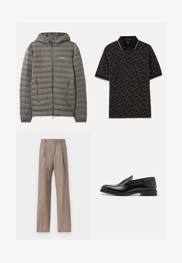 Siva puffer jakna s kapuljačom, izrađena od kviltanog materijala. Ima dva bočna džepa s patentnim zatvaračem i prednji zatvarač.; Crna polo majica s geometrijskim zlatnim uzorkom, kratkih rukava i klasičnim ovratnikom koji ima suptilne prugaste naglaske.; Bijela košulja s dugim rukavima na dugme, izrađena od pamuka, s džepom na prsima s ton-sur-ton vezom, ovratnikom i dugmadi na manžetama.; Smeđe, hlače viskog struka od teksturiranog materijala. Imaju široke nogavice i dva prednja pregiba za strukturu. Uređen završetak bez vidljivih metalnih dijelova.; Crni kožni mokasini s glatkom teksturom, zaobljenim prstima i ukrasnom trakom preko prednjeg dijela. Niski slojeviti potplat, minimalistički dizajn.