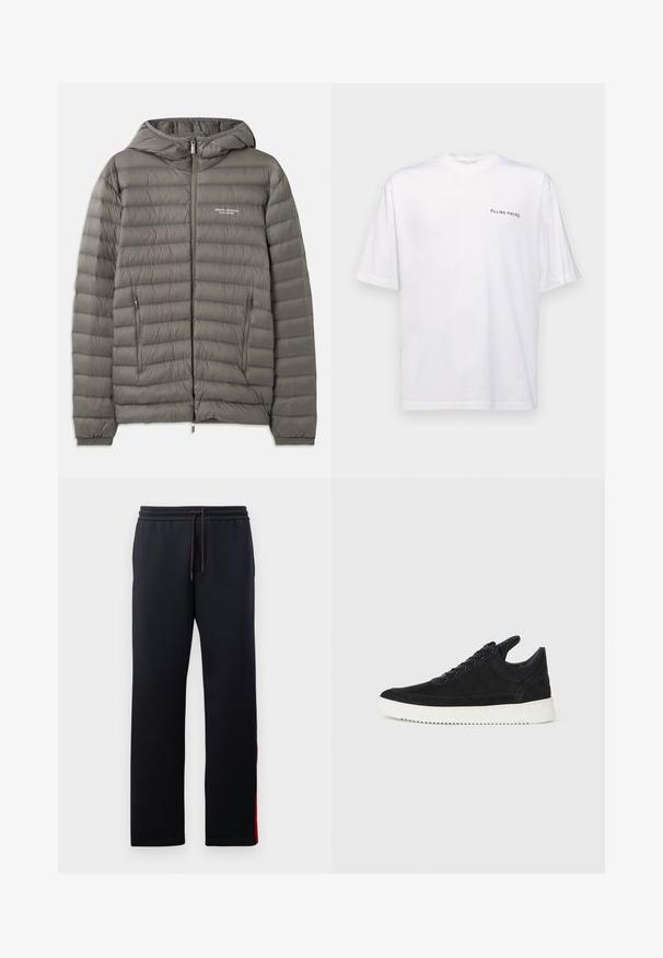 Γκρι φουσκωτό μπουφάν με κουκούλα, κατασκευασμένο από καπιτονέ υλικό. Διαθέτει δύο πλευρικές τσέπες με φερμουάρ και μπροστινό κλείσιμο με φερμουάρ.; Λευκό κοντομάνικο μπλουζάκι από βαμβάκι με V-λαιμό, διαθέτει μαύρο λογότυπο "FILLING PIECES" τυπωμένο στην αριστερή πλευρά.; Μαύρες φόρμες με λάστιχο στο μέσο, στενές γραμμές και κόκκινες ρίγες στα πλάγια. Μαλακό, ελαστικό ύφασμα με λεία υφή.; Μαύρο σουέτ αθλητικό παπούτσι με λευκή καουτσούκ σόλα, με τόνο ραφές και σχέδιο με κορδόνια. Λείος υφή με μοντέρνα, αεροδυναμική γραμμή.