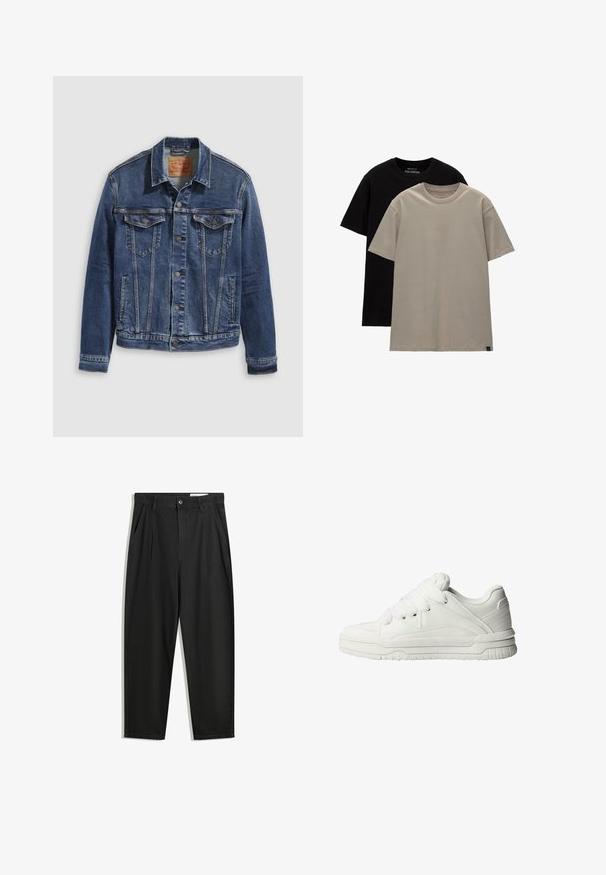 Tummansinisellä denimi-takilla on klassinen muotoilu, jossa on metallinapit, kaksi rintataskua ja vinot saumat edessä.; Kaks t-paita; yksi musta, yksi vaaleanbeige. Normaali istuvuus, pyöreä kaula-aukko, pehmeää puuvillakangasta. Yksinkertainen muotoilu, ei kuvioita.; Mustat puuvillahousut rentoa mallia, joissa on klassinen vyötärö, etukangastukset ja sivutaskut. Sileä pinta ilman kuvioita.; Valkoiset lenkkarit, joissa on sileä nahkaulkopinta, pehmustettu kieli, litteät nauhat ja teksturoidut yksityiskohdat sivuilla ja kantapäällä.