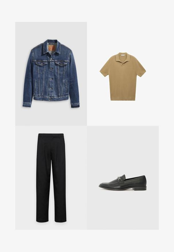 Tamna plava traper jakna klasičnog dizajna, s metalnim dugmadi, dva džepa na grudima i dijagonalnim šavovima sprijeda.; Polo majica kratkih rukava u svijetlosmešnom rebrastom pletenom materijalu; ima izrezanu kragnu i ravni rub, s teksturiranim linijama kroz cijelu površinu.; Crne hlače od glatkog materijala, s dizajnom ravnih nogavica, dva prednja nabora i standardnim pojasom s petljama za remen.; Crna kožna loafer cipela s glatkom finišem, s ušivenim uzorkom i dekorativnim metalnim lancem preko prednjeg dijela. Ravni potplat.