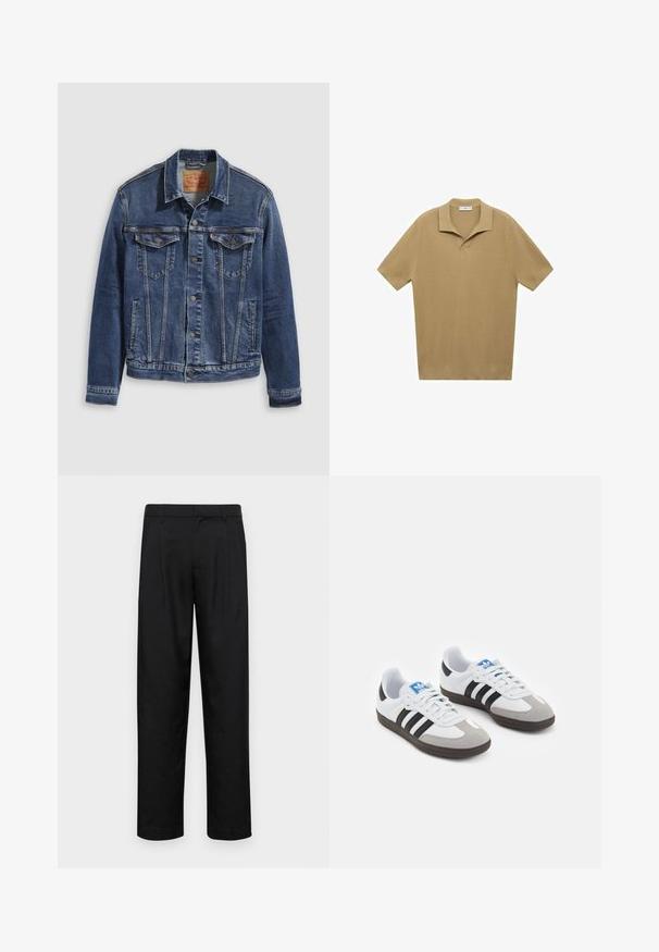 Tamna plava traper jakna klasičnog dizajna, s metalnim dugmadi, dva džepa na grudima i dijagonalnim šavovima sprijeda.; Polo majica kratkih rukava u svijetlosmešnom rebrastom pletenom materijalu; ima izrezanu kragnu i ravni rub, s teksturiranim linijama kroz cijelu površinu.; Crne hlače od glatkog materijala, s dizajnom ravnih nogavica, dva prednja nabora i standardnim pojasom s petljama za remen.; Sportske cipele s gornjištem od bijele kože, sivi suedinasti nos i tri crne pruge. Imaju plavi logo na jeziku i teksturiranu gumenu podlogu.