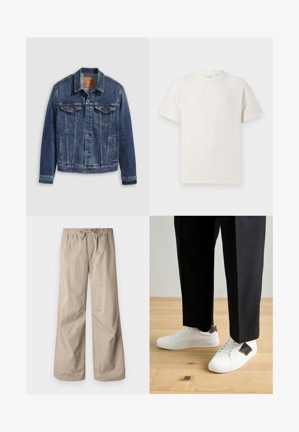Tamsiai mėlyna džinsinė striukė su klasikiniu dizainu, turinti metalinius mygtukus, dvi krūtinės kišenes ir įstrižas siūles priekyje.; Balta trumpa rankovė T-polo marškinėlių su juostelėmis tekstūra. Apvalus iškirpimas, laisvas fasonas, jokių matomų raštų ar akcentų. Paprastas ir universalus dizainas.; Šviesiai rudos plačios kelnės su elastinga juosta ir raišteliu. Lygus paviršius, dvi šoninės kišenės ir minimalūs siūlės, užtikrinantys patogų prigludimą.; Balti sportbačiai su glotnia danga, puošti rudais odiniais akcentais ir juodais detalėmis, derinami su juodais pritaikytais kelnėmis. Medinių grindų fonas.
