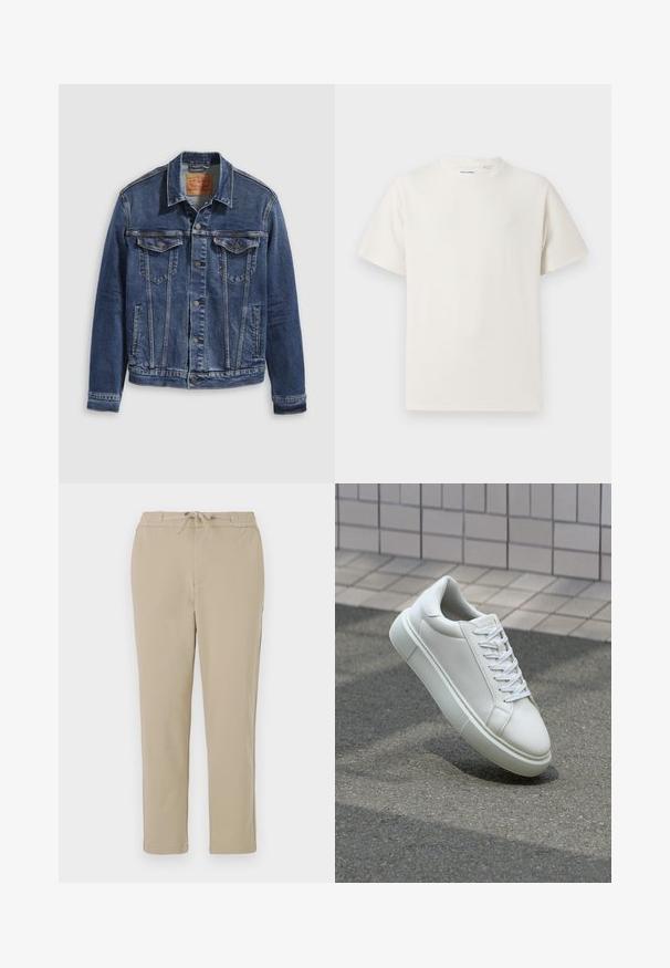 Denim jacket in dark blue with a classic design, featuring metal buttons, two chest pockets, and diagonal seams on the front.; White short-sleeve T-shirt in a ribbed texture. Round neckline, relaxed fit, no visible patterns or accents. Simple and versatile design.; Beige lounge pants with an elastic waistband and drawstring, featuring a straight leg design and soft, smooth texture.; White leather sneaker with a smooth surface, round toe, and flat white laces. Features a textured rubber sole and minimal design elements.