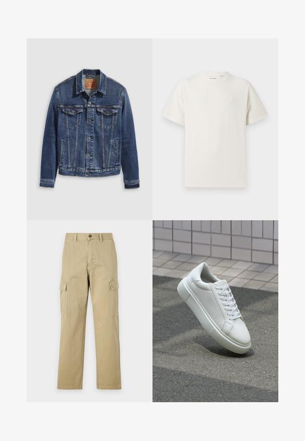 Mørkeblå denimjakke med klassisk design, med metallknapper, to brystlommer og skrå sømmer på forsiden.; Hvit T-skjorte med kort erm i ribbestrikket tekstur. Rund hals, avslappet passform, ingen synlige mønstre eller detaljer. Enkelt og allsidig design.; Beige cargo bukser laget av bomull, med to sidelommer, knappelukking, og rette ben med et lett strukturert stoff.; Hvit lær sneaker med glatt overflate, rund tå og flate hvite snøringer. Har en teksturert gummisåle og minimale design elementer.