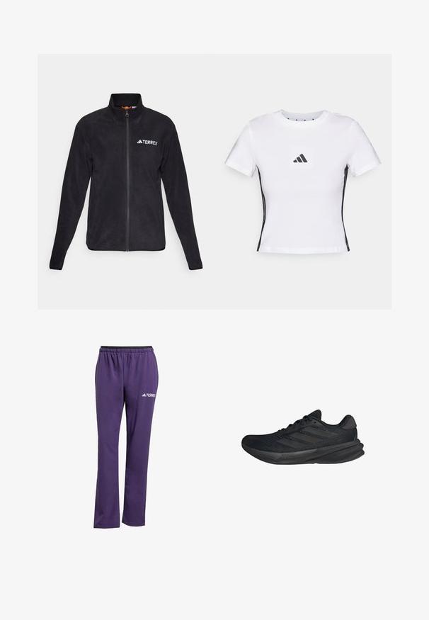 Black fleece jacket with a high collar and full zipper. Features embroidered "TERREX" logo and soft texture, suitable for outdoor use.; White short-sleeve t-shirt made from cotton, featuring a black Adidas logo in a square patch and black side accents. Classic crew neckline.; Purple athletic pants with a black elastic waistband, straight leg design, and a white "TERREX" logo on the left side. Smooth texture.; Black athletic shoes with a mesh upper, streamlined shape, flat sole, and three diagonal stripes on the side. Lightweight design for comfort.