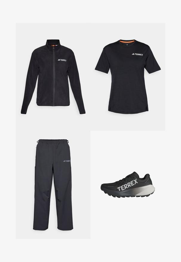 Juodas flisinis džemperis su aukštu apykakle ir visišku užtrauktuku. Papuoštas išsiuvinėtu "TERREX" logotipu ir minkšta tekstūra, tinkantis lauko naudojimui.; Juodas trumpas rankovės marškinėliai su apvaliu kaklu, su subtiliu melange tekstūra ir baltu "TERREX" logotipu viršutiniame kairiajame kampe.; Juodos, lengvos lauko kelnės su elastinga juosmens juosta, šoniniais kišenėmis ir logotipu viršutiniame dešiniajame šlaunyje. Lygi, vandeniui atspari medžiaga.; Juodos bėgimo bateliai su tekstūruotu viršumi, ryškus balta "TERREX" logotipas, siaurėjantis pado dizainas ir gradientinis pilkas akcentas ant kulno.