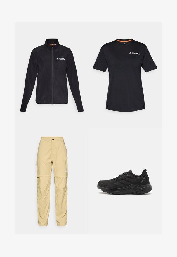 Melnas vilnas jaka ar augstu apkakli un pilnu rāvējslēdzēju. Iekļauts izšūts "TERREX" logs un mīksta tekstūra, piemērota āra lietošanai.; Melns īsām piedurknēm T-krekls ar apaļu dekoltē, ar smalku heather tekstūru un baltu "TERREX" logo augšējā kreisajā pusē.; Bēžīgas cargo bikses, kas izgatavotas no viegla auduma, ar ar rāvējslēdzējiem sānos, pogu aizdari un logo labajā augšstilbā.; Melnas sporta kurpes ar teksturētu sintētisku virsējo daļu, auklu aizdari, biezu gumijas zoli un diskrētām logotipa akcents sānos un uz papēža.