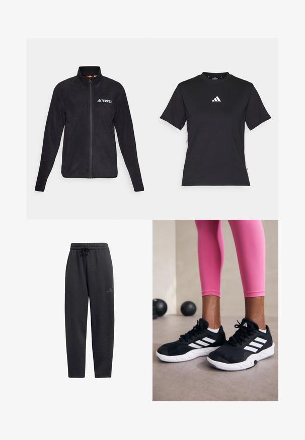 Crna flis jakna s visokim ovratnikom i punim patentnim zatvaračem. Ima izvezeni logo "TERREX" i meku teksturu, pogodnu za vanjsku upotrebu.; Crna kratka majica s kratkim rukavima izrađena od mekog materijala. Ima bijeli Adidas logo i suprotstavljene bijele pruge duž strana.; Crne trenirke od mekog materijala, s elastičnim pojasom i vezicom, ravnih nogavica i diskretnim logom na bedrima.; Crne atletske cipele s bijelim prugama, gornji dio od teksturirane mrežaste tkanine i bijelim potplatom. Nošene uz ružičaste tajice, prikazujući trenirku.