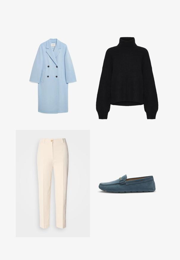 Cappotto in misto lana azzurro chiaro con design doppiopetto, rever a lancia, due tasche anteriori e bottoni scuri, caratterizzato da una vestibilità rilassata.; Maglione nero a collo alto con design corto, realizzato in tessuto morbido. Ha maniche ampie e una texture a coste sul colletto.; Pantaloni color crema a vita alta realizzati in un tessuto testurizzato. Presentano una chiusura frontale con bottone e gambe affusolate.; Mocassini in suede blu con suola piatta, caratterizzati da un design cucito lungo i bordi e un accento metallico decorativo nella parte anteriore.