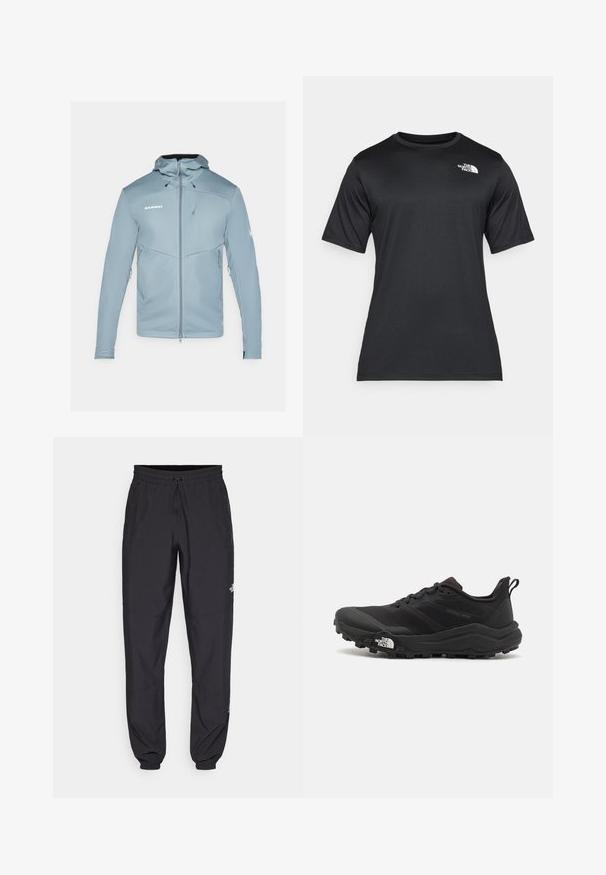 Jasnoniebieska kurtka softshell z kapturem, z zamkiem z przodu i kieszeniami bocznymi. Posiada dopasowany krój oraz strukturalny materiał. Wyświetlone logo marki.; Czarna koszulka z krótkim rękawem wykonana z lekkiego, odprowadzającego wilgoć materiału. Posiada białe logo na lewej stronie klatki piersiowej oraz okrągły dekolt.; Czarne spodenki sportowe wykonane z lekkiego materiału, z elastycznym pasem na sznurek, bocznymi kieszeniami i zwężanymi mankietami przy kostkach.; Czarne buty do biegania w terenie z teksturowaną cholewką, gumową podeszwą i wzmocnionym noskiem. Posiadają wyściełany kołnierz oraz uchwyt do łatwego zakładania.