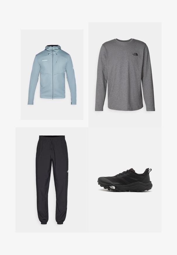 Light blue softshell jacket with a hood, zippered front, and side pockets. Features a fitted design and textured fabric. Brand logo displayed.; The North Face M L/S SIMPLE DOME TEE - Long sleeved top - medium grey heather; Black athletic pants made from lightweight fabric, featuring a drawstring waistband, side pockets, and tapered cuffs at the ankles.; Black trail running shoe with a textured upper, rubber sole, and reinforced toe cap. Features a padded collar and pull tab for easy wear.