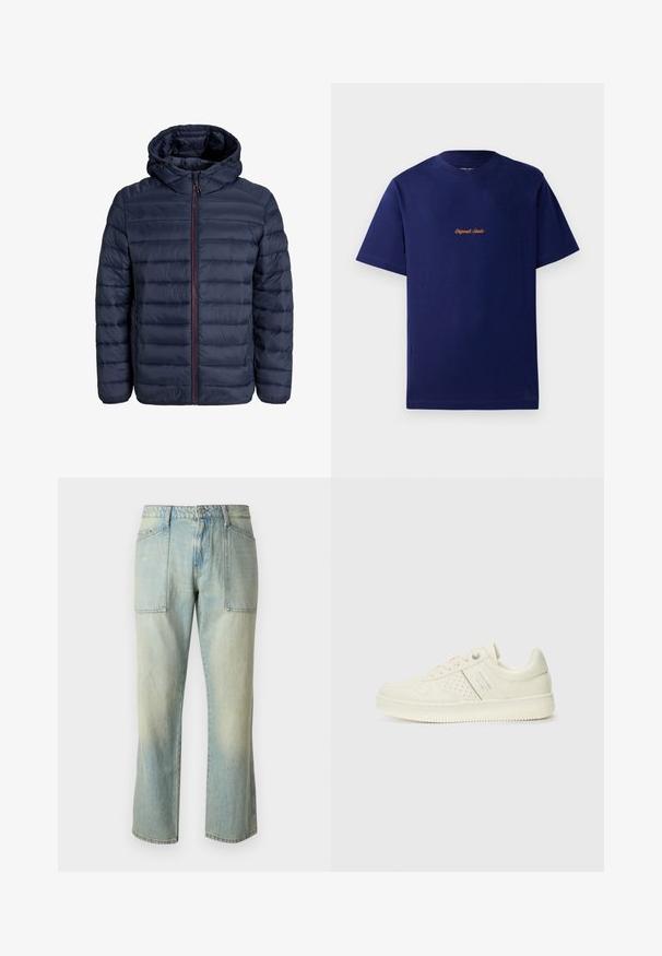 Marineblå puffjakke med horisontal søm, hætte og lynlås foran. Har let polstring og justerbare stropper.; Mørkeblå bomulds t-shirt med korte ærmer. Har et lille, orange broderet logo på brystet. Klassisk crew neck design.; Lyseblå denim jeans med lige ben, synlig syning og to store forlommer. Stoffet har en falmet struktur.; Cremefarvet sneaker med perforeret detaljering, snørebånd og logo på siden, præsenteret mod en simpel hvid baggrund.