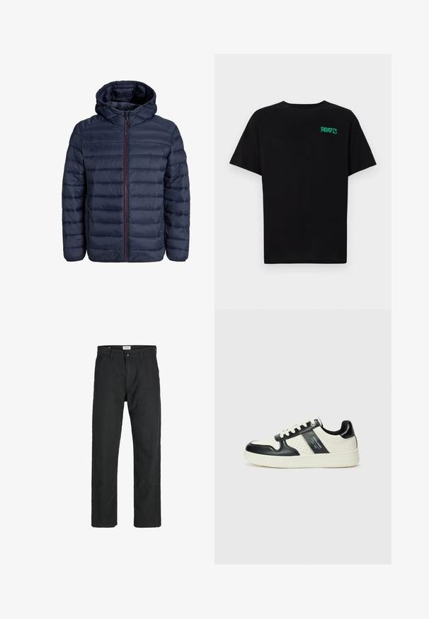 Giacca bomber blu navy con cuciture orizzontali, cappuccio e zip frontale. Presenta un leggero imbottitura e lacci regolabili.; T-shirt nera in cotone con maniche corte. Presenta un logo verde "ROOTS" sulla parte frontale, colletto rotondo e vestibilità standard.; Pantaloni neri realizzati in tessuto resistente, caratterizzati da un design a gamba dritta, dettagli cuciti e due tasche frontali per la funzionalità.; Sneakers in pelle con una combinazione di colori nero e crema, dotati di dettagli perforati, collare imbottito e suola testurizzata.