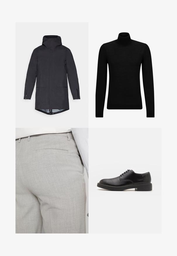 Black waterproof parka with a hood, two front pockets, side zippers, and a longer back hem. Smooth texture, minimal design.; Black turtleneck sweater made of soft material, featuring long sleeves and a snug fit. Ribbed trim at the hem and cuffs. Simple design.; Light gray tailored trousers made of textured fabric, featuring a single back pocket and clean stitching.; Black leather lace-up shoe with a rounded toe, smooth texture, minimal stitching, and a low rubber heel. Logo on the heel.